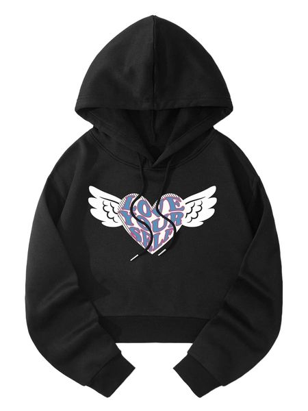 

heart and wings print thermal lined drawstring crop hoodie p99b#, Black