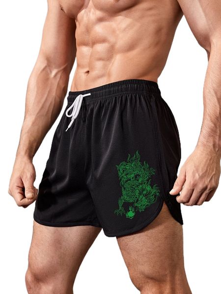 

men dragon print sports shorts a55r#, White;black