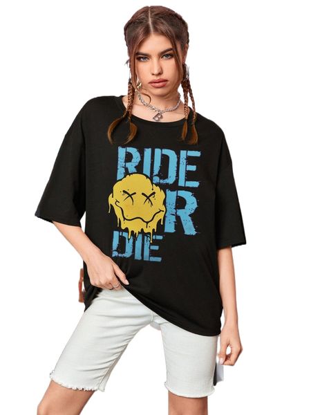 

cartoon and letter graphic drop shoulder tee n666#, White