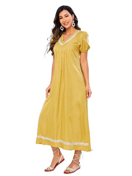 

guipure l.ace applique p.uff s.leeve d.ress m71x#, Black;gray