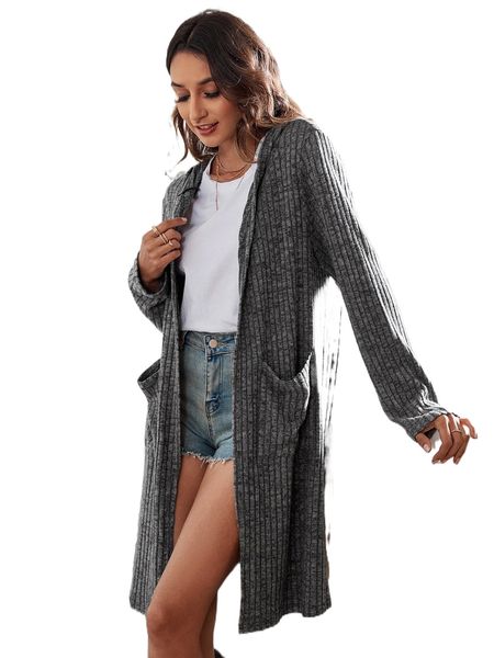 

marled knit pocket patched hooded open front coat 80kl#, Black