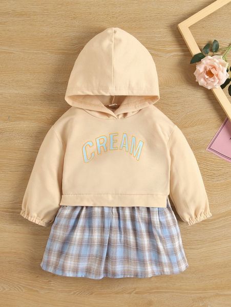 

baby letter & plaid print ruffle hem 2 in 1 hoodie dress she, Black
