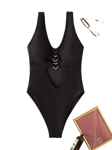

heart r.ing linked c.ut out o.ne p.iece swimsuit p2fc#, White;black