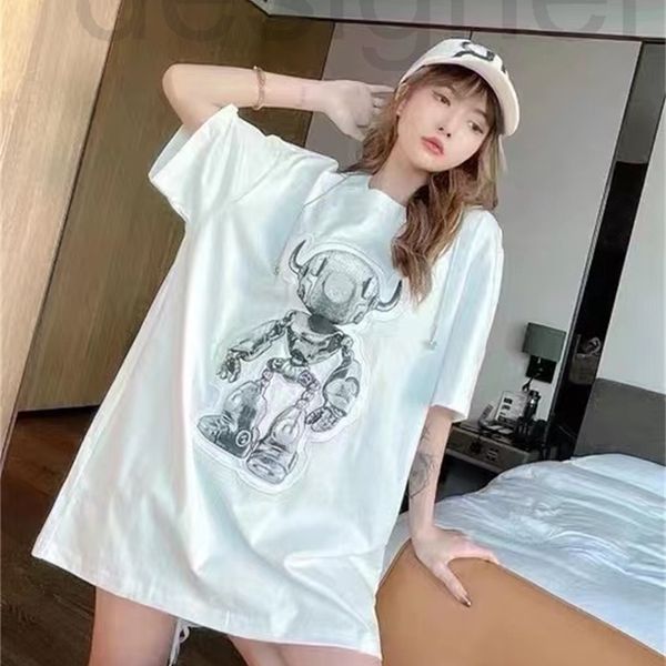 

women's t-shirt designer 22 summer new robot print loose round neck short sleeve t-shirt v84l, White