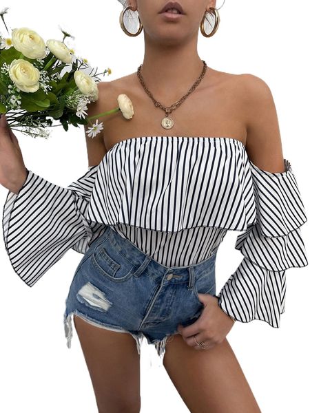 

o.ff s.houlder vertical s.triped l.ayered flounce s.leeve b.louse y2yx#, White