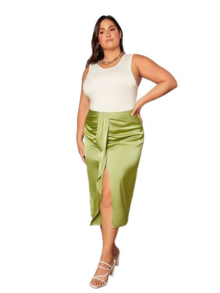 

plus solid split thigh skirt k7hj#, Black