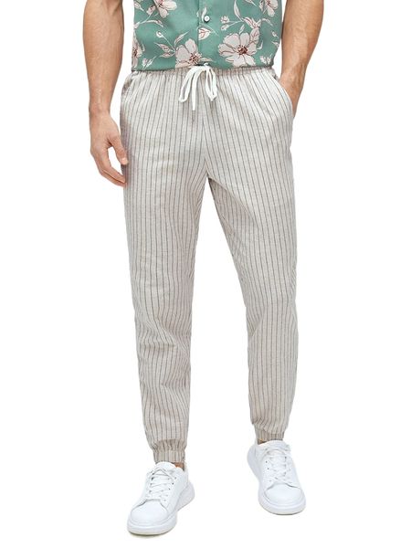 

men drawstring waist striped print tapered pants 963w#, Black