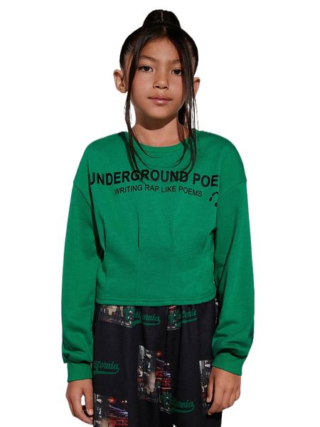 

girls slogan graphic drop shoulder pullover u51w#, Black;white