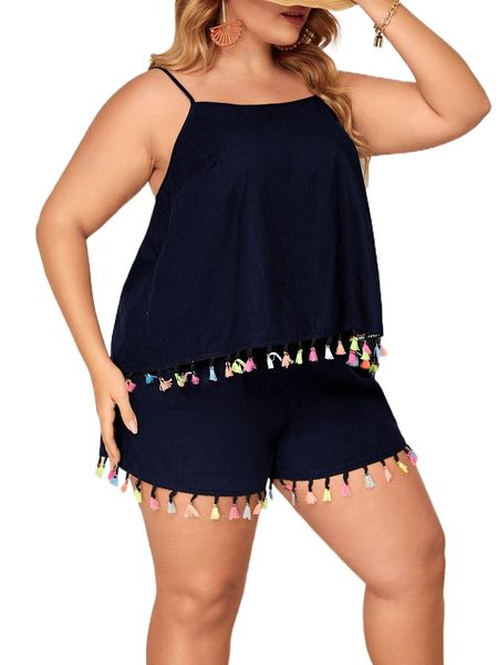 

plus fringe hem backless cami & shorts set 46x7#, Black