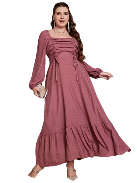 

plus drawstring front ruffle hem dress l9ex#, Black