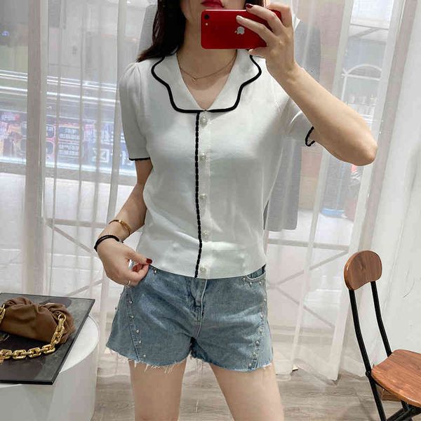 

women's sweaters summer style french design sense of niche doll collar women's pearl button bubble sleeve ice silk sweater thin de, White;black