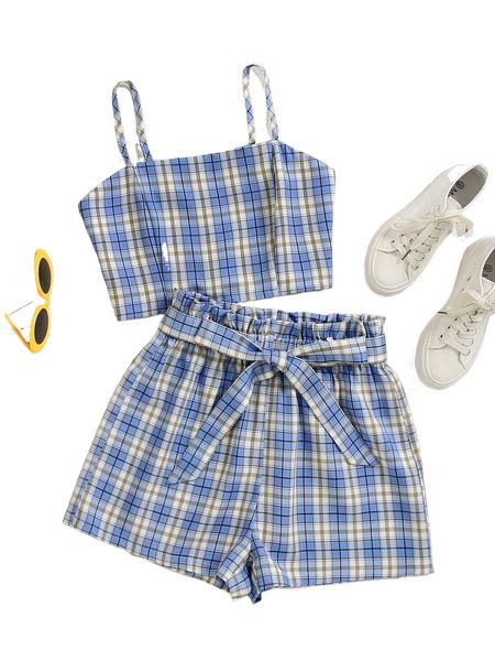 

plaid print cami & belted shorts t7ss#, White