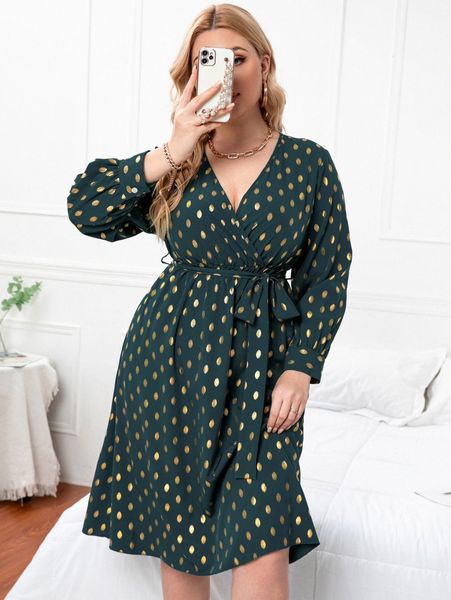 

plus gold dot print surplice neck belted dress p3ik#, Black