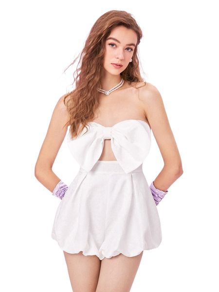 

mod cut out bow front lantern hem tube romper q5sk#, Black;white