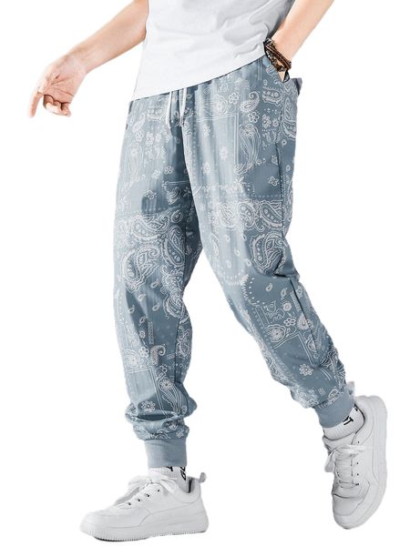 

men random floral & paisley print drawstring pants 66el#, Black