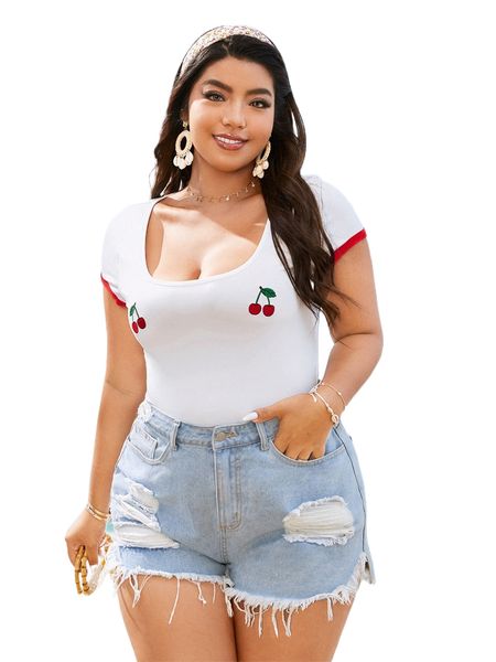 

plus cherry print scoop neck tee y73n#, Black