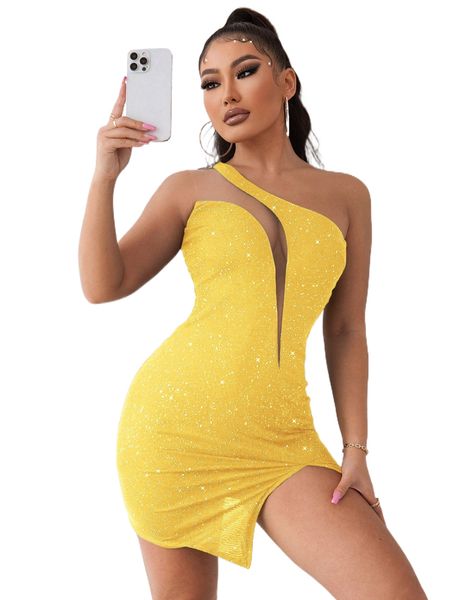 

one shoulder mesh panel split hem dress a3xs#, Black;gray