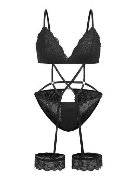 

plus cut out lace teddy bodysuit & 1pair leg ring g8m3#, Black;white