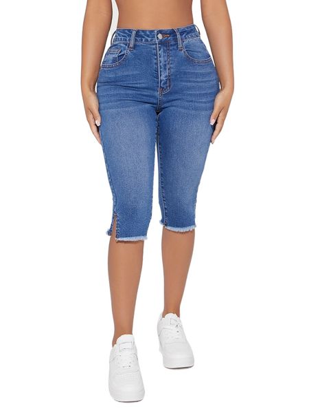 

petite high waist raw cut slit hem capri skinny jeans i6lx#, Blue