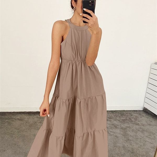 

ootn elegant cotton khaki pleated a-line dress summer backless halter lace up dress casual black high waist midi dresses 220511, Black;gray