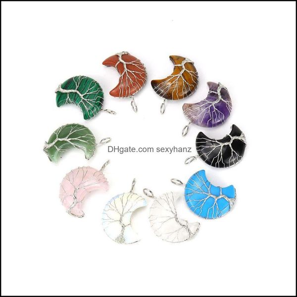 

pendant necklaces pendants jewelry healing crystal natural stone moon charms twine tree of life wire wrap pendan dy5, Silver