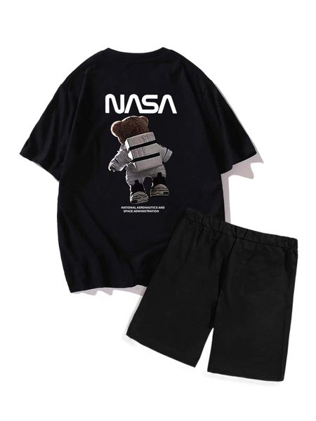 

men bear & slogan graphic tee & drawstring waist shorts a6po#, Gray