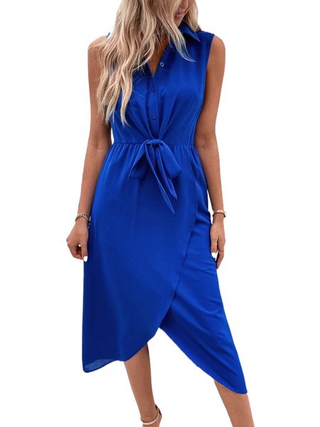 

solid knot front shirt dress h0hp#, Black;gray