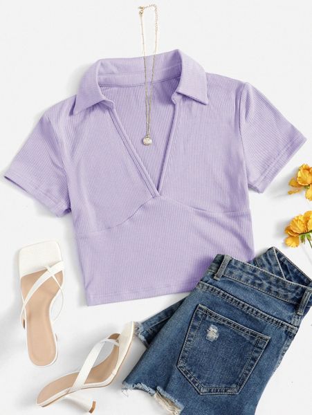 

solid deep v neck crop tee y1yt#, White