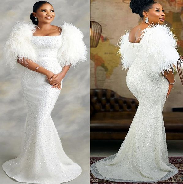 

2022 plus size arabic aso ebi white mermaid sparkly prom dresses feather evening formal party second reception birthday engagement gowns dre, Black
