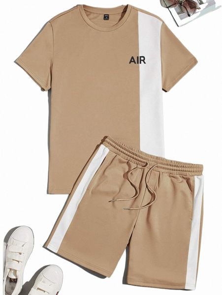 

men letter graphic tee & seam side drawstring waist shorts 66hb#, Gray