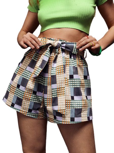 

x revive plaid print belted shorts q96n#, White;black