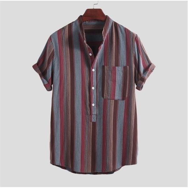 

short sleeve men's hawaiian shirt fashion strip print stand collar linen streetwear shirt men summer new style, White;black