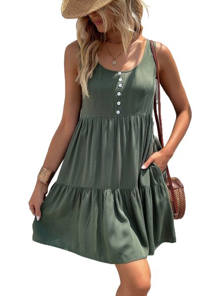 

hidden pocket ruffle hem smock dress h3im#, Black;gray