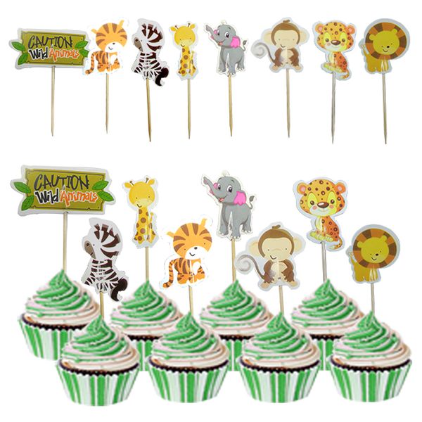 24pcs Safari Jungle Party Party Cupcake Toppers выбирает декорирование дня рождения детское душ Девушка Девушка Девушка Favors Cupcake Toppers 220815