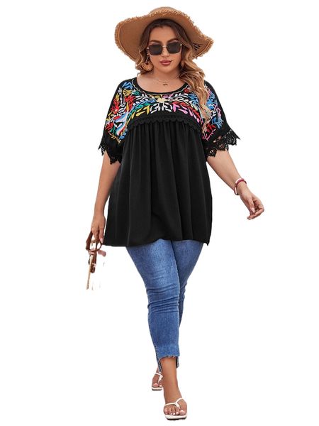 

plus plants embroidery lace cuff blouse j7ln#, Black