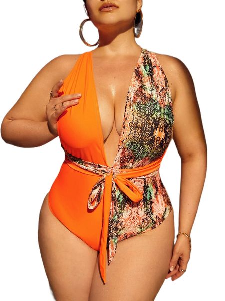 

plus snakeskin knot front criss cross one piece swimsuit u220#, White;black