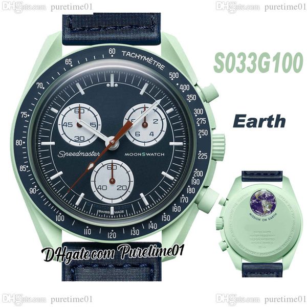 

bioceramic moonswatch swiss quqrtz chronograph mens watch so33g100 mission to earth real green ceramic blue dial nylon with box satch super, Slivery;brown