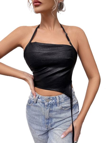 

lace up backless straps hem pu leather halter g412#, White