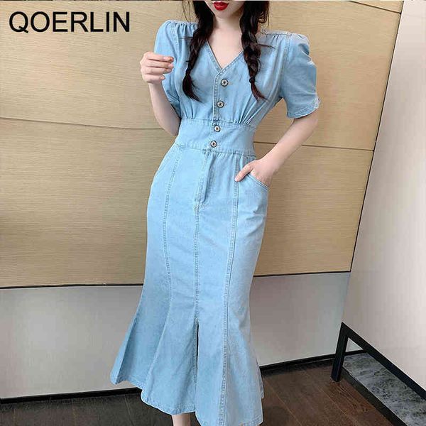 

qoerlin vintage jeans trumpet dress women streetwear vneck button down mermaid dress plus size side pocket split denim vestidos 210412, Black;gray