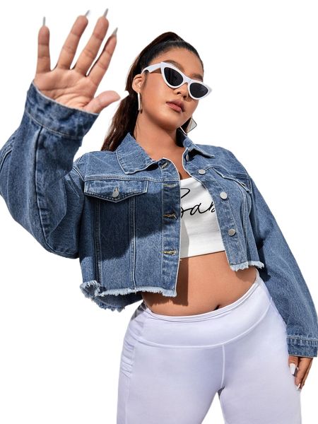 

plus drop shoulder raw cut crop denim jacket 14qa#, Black;brown