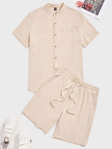 

men button through shirt & drawstring waist shorts set u35a#, Gray