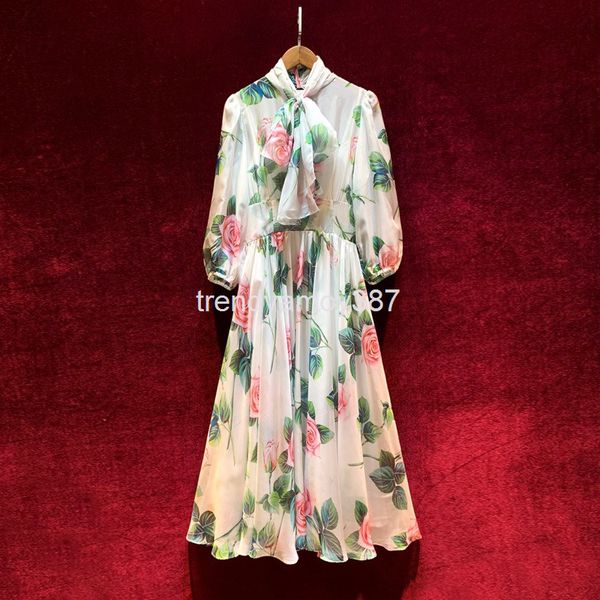 

casual dresses women's spring and summer lace up butterfly collar thin rose print large swing long dress, Black;gray