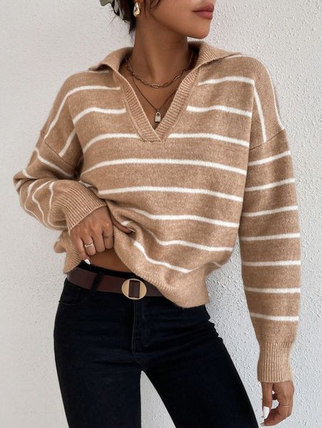 

striped notched drop shoulder sweater m0tv#, White;black
