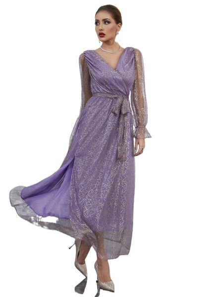 

allover print flounce sleeve split thigh belted dress x5xq#, Black;gray