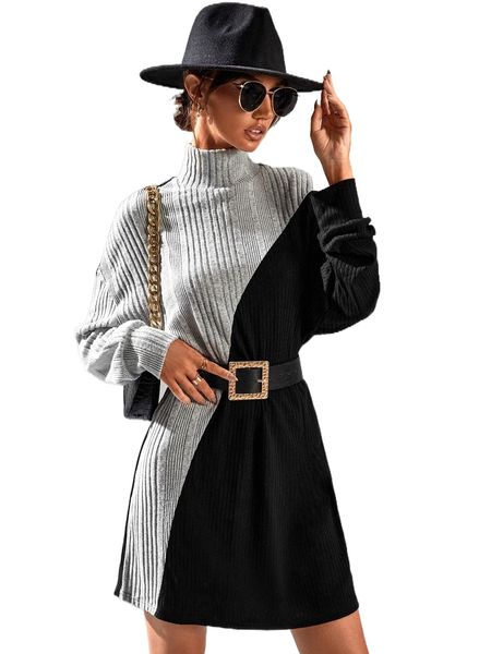 

high neck drop shoulder color block dress 722x#, Black;gray