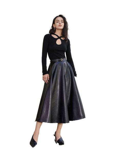 

high waist pu leather flare skirt w7tt#, Black
