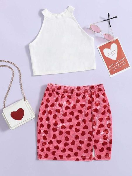 

girls rib-knit halter & heart print skirt set she, White