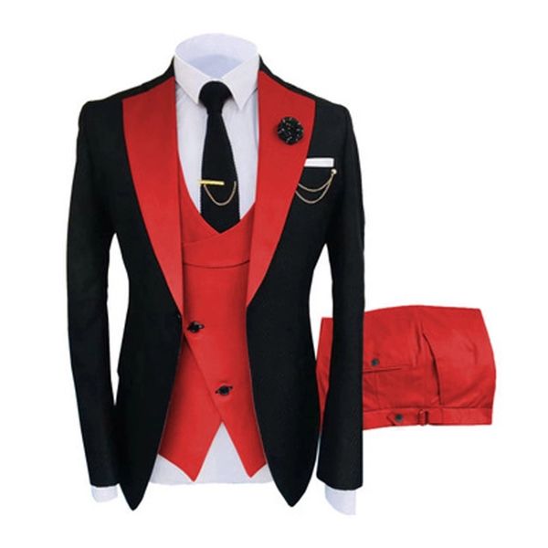 New Popular Black 3 peças Terno Homens Smoking Smoking Red Notch Lapel Slim Fit Groom TuxeDos Homens Jantar Prom Blazer (jaqueta + calça + gravata + colete) 771