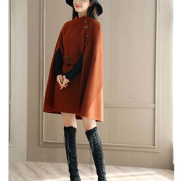 

women england elegant long cloak cape fashion button belt warm autumn black cape big size arrival 201214