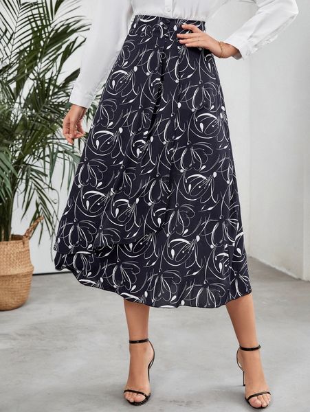 

abstract floral print wrap hem skirt c0mz#, Black